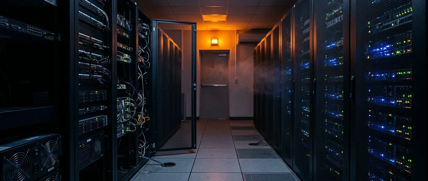 Serverraum bei Nacht, nur von Status-LEDs und einer bernsteinfarbenen Warnleuchte beleuchtet