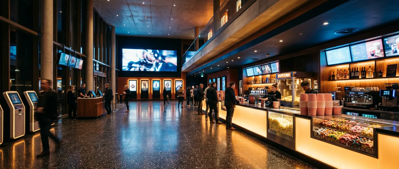 Foyer eines modernen Multiplexkinos am Abend: beleuchteter Thekenbereich mit Popcorn und Süßwaren, Ticketautomaten, große LED-Wand