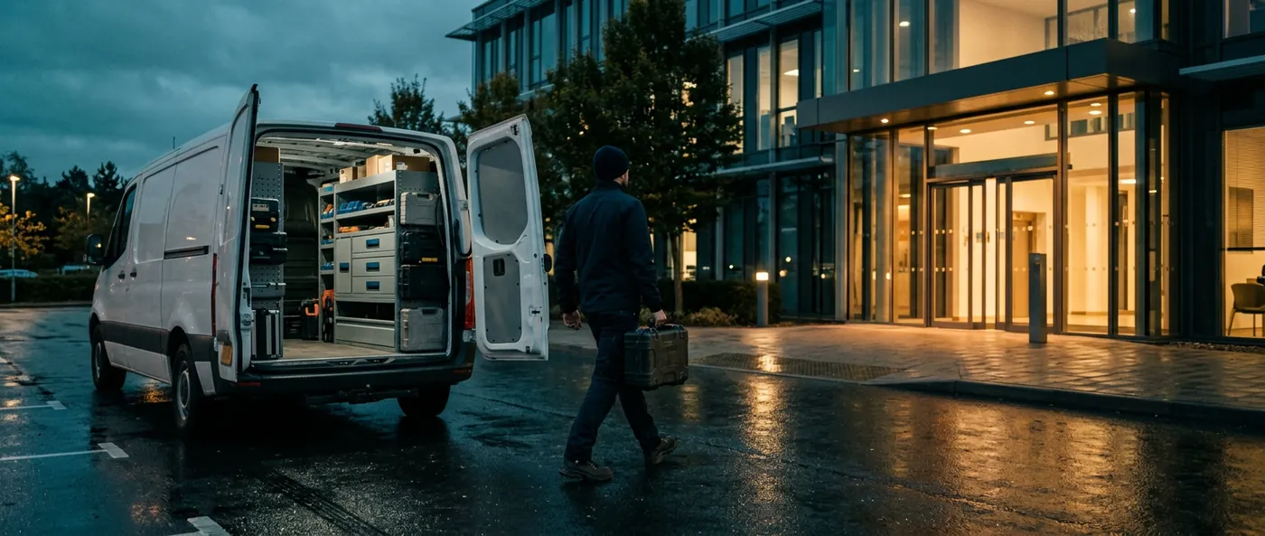 Servicefahrzeug mit offenen Hecktüren und Werkstatteinbau vor einem beleuchteten Bürogebäude in der Dämmerung