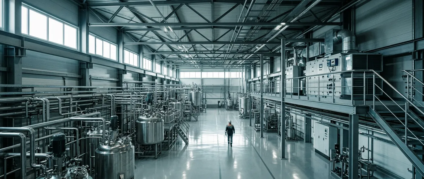 Große moderne Produktionshalle mit Edelstahl-Prozessanlagen, Rohrleitungen und einem Lüftungsgerät auf der Stahlbühne